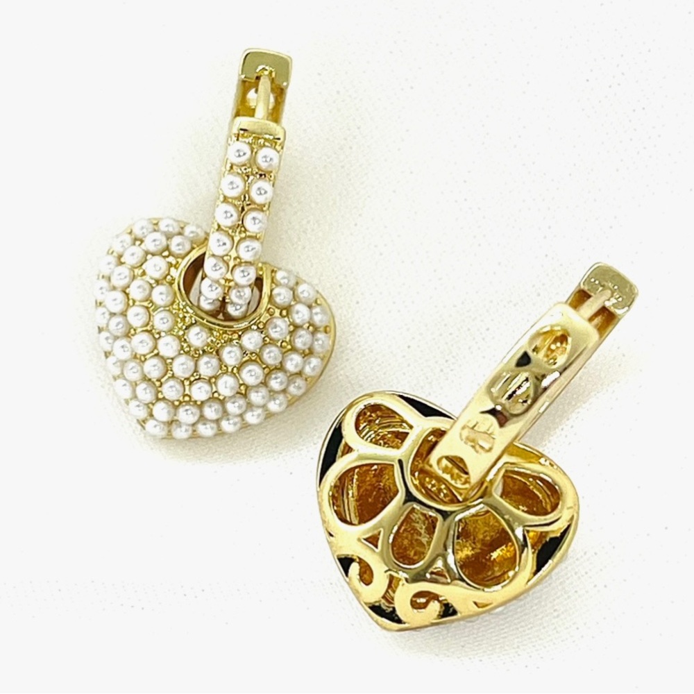 New Gold Plated Pearl Heart Huggie Hoop Earrings - Picture 4 of 6